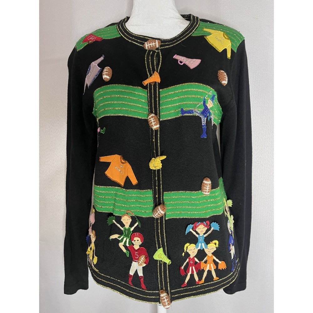 Jack B Quick‎ Cheerleaders Football 3D Embroidered Cardigan Size S Vintage 90s
